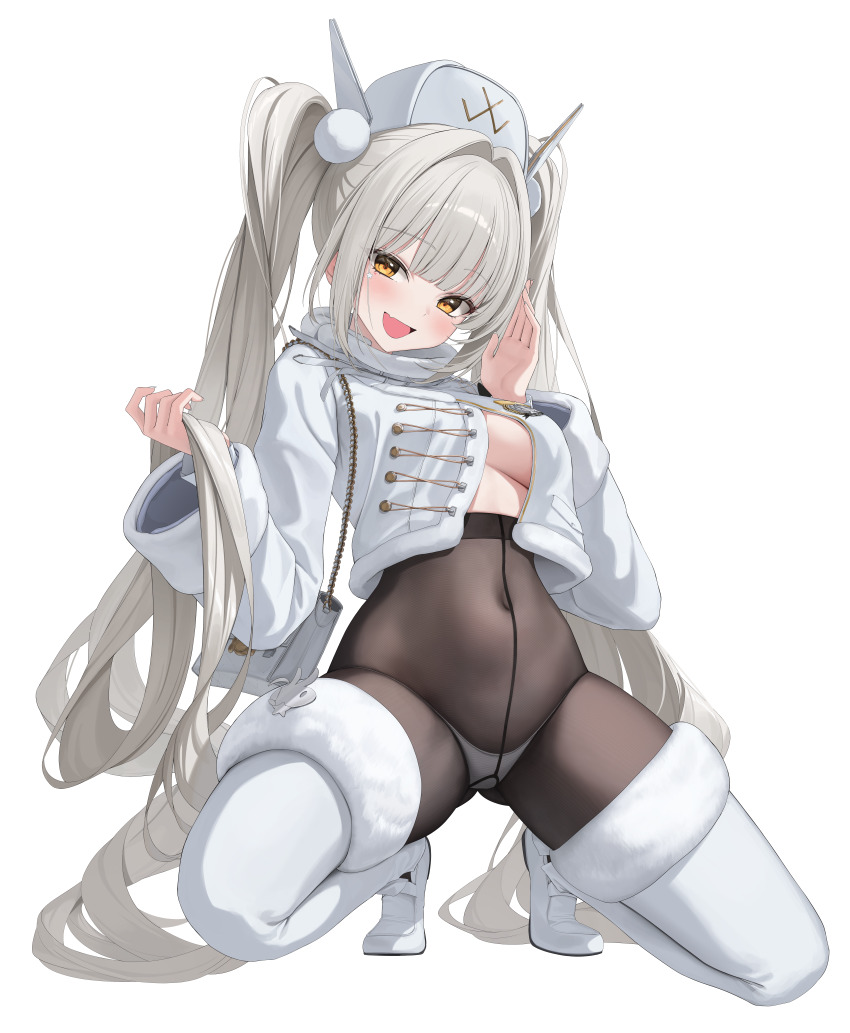 1girl absurdres black_pantyhose blanc_(fortune_express)_(nikke) blanc_(nikke) boots coat commentary_request covered_navel fang full_body fur-trimmed_boots fur-trimmed_collar fur_trim g_home goddess_of_victory:_nikke high-waist_pantyhose highres long_hair looking_at_viewer official_alternate_hairstyle panties panties_under_pantyhose pantyhose see-through_pantyhose skin_fang smile solo split-color_clothes squatting twintails underwear white_background white_boots winter_clothes winter_coat