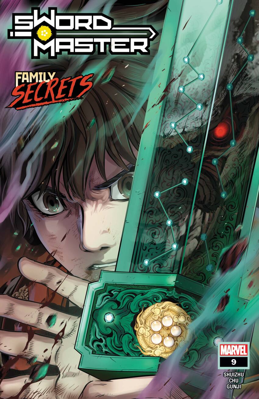 1boy absurdres artist_name blood brown_eyes brown_hair character_name chen_xiaoyun_(gunji) clenched_teeth comic_cover copyright_logo copyright_name cover cover_page english_text highres holding holding_sword holding_weapon lin_lie_(marvel) logo looking_at_viewer male_focus marvel monster official_art red_eyes red_scarf reflection scarf sword sword_master_(marvel) teeth upper_body weapon