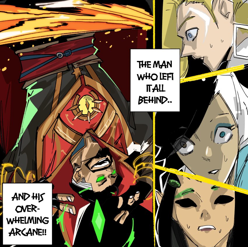 1boy absurdres alien blonde_hair blue_eyes bodysuit cape comic_panel_redraw crescent crescent_facial_mark dagger_(marvel) derivative_work doctor_strange facial_mark guardians_of_the_galaxy heterochromia highres jujutsu_kaisen long_hair looking_at_viewer luna_snow magic mantis_(marvel) marvel marvel_rivals moon_tattoo multicolored_hair neitheyagi scene_reference short_hair smile split-color_hair tattoo