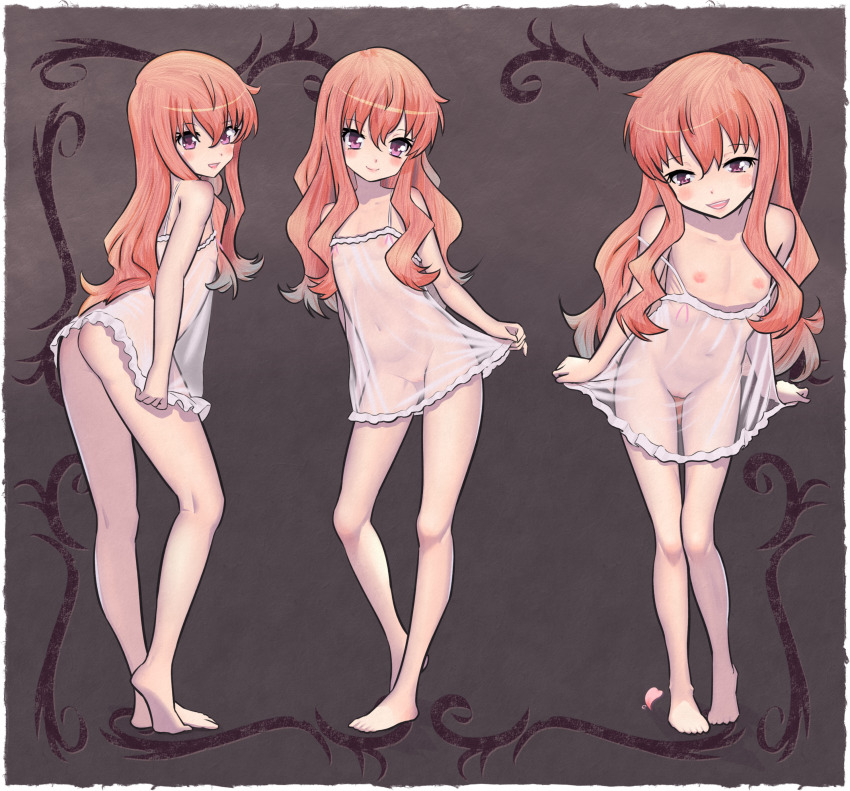 1girl absurdres ass babydoll cleft_of_venus elementary_(lolipope) flat_chest full_body highres loli long_hair louise_francoise_le_blanc_de_la_valliere multiple_views navel nipples pink_hair pussy see-through_babydoll see-through_clothes sidelocks solo zero_no_tsukaima