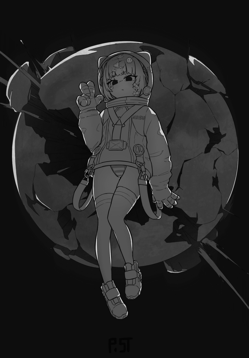 1girl astronaut bandaid bandaid_hair_ornament belt black_theme closed_mouth expressionless floating full_body gloves greyscale hair_ornament hairpin heart heart-shaped_hair helmet highres long_sleeves looking_at_viewer monochrome multiple_hairpins original panties post_(shake_shakepost) science_fiction short_hair signature smiley_hair_ornament solo space space_helmet striped_clothes striped_panties thighhighs thighs underwear v