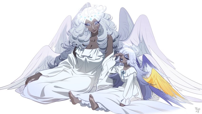 2girls angel angel_wings barefoot black_lips breasts cleavage closed_eyes colored_sclera colored_skin commentary_request dark-skinned_female dark_skin drill_hair emily_(hazbin_hotel) eyeshadow feathered_wings freckles glowing glowing_halo golden_wings grey_sclera grey_skin halo hazbin_hotel hellaverse highres huge_breasts korean_commentary long_eyelashes long_hair looking_at_another makeup messy_hair multiple_girls multiple_wings nallali_nal nightgown open_mouth prosthetic_wing sera_(hazbin_hotel) siblings sisters sitting smile tall_female under_covers very_long_hair waking_up white_eyes white_nightgown wings yawning