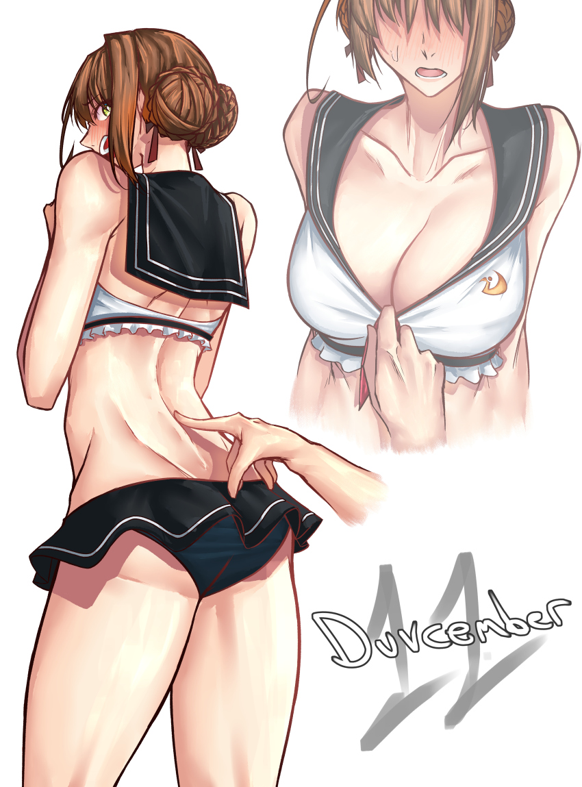 1girl absurdres artist_name ass bikini blush braid breasts brown_hair bun_with_braided_base cleavage duvalie eiyuu_densetsu green_eyes groping hair_bun highres large_breasts moren_eh muscular sailor_bikini sailor_collar sen_no_kiseki_(series) single_hair_bun swimsuit toned