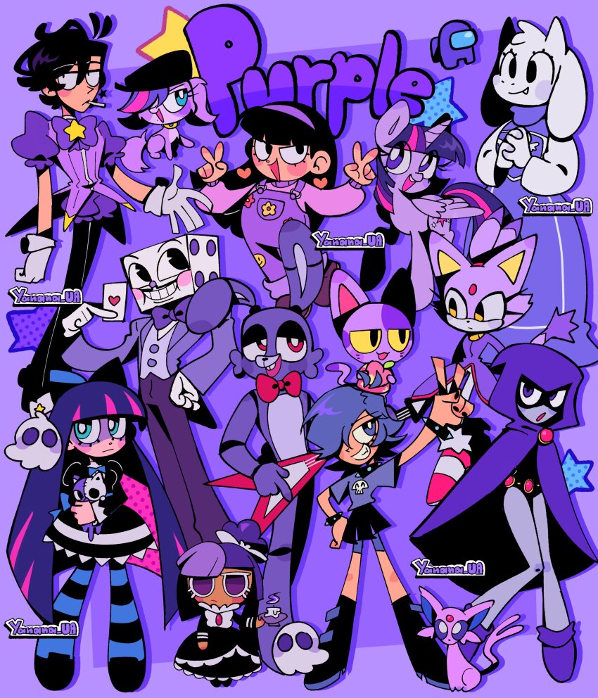 6+girls :d :o \||/ abby_(turning_red) absurdres among_us animal_crossing animal_ears artist_name black_dress black_eyes black_hair black_pantyhose blackberry_cookie blaze_the_cat blue_pantyhose bob_(animal_crossing) bonnie_(fnaf) bow bowtie bracelet bright_pupils capelet card cat character_request closed_mouth color_connection colored_sclera commentary cookie_run copyright_request crossover cuphead_(game) dc_comics disney dog double_v dress english_commentary english_text espeon five_nights_at_freddy's full_body furry furry_female gen_2_pokemon ghost gloves goat_ears goat_girl grin guitar hand_on_own_hip heart hi_hi_puffy_amiyumi highres holding holding_card holding_guitar holding_instrument holding_stuffed_toy hood hood_up hooded_capelet horns instrument interlocked_fingers jewelry king_dice knees_together_feet_apart littlest_pet_shop long_hair long_sleeves looking_at_another looking_at_viewer multicolored_hair multiple_boys multiple_crossover multiple_girls my_little_pony my_little_pony:_friendship_is_magic nintendo object_head open_mouth overalls own_hands_clasped own_hands_together panty_&amp;_stocking_with_garterbelt pantyhose pink_hair pink_shirt pixar pokemon pokemon_(creature) purple_(among_us) purple_background purple_capelet purple_eyes purple_hair purple_overalls purple_theme raven_(dc) red_bow red_bowtie red_eyes shirt short_sleeves simple_background smile sonic_(series) spiked_bracelet spikes standing star_(symbol) stocking_(psg) streaked_hair striped_clothes striped_pantyhose stuffed_animal stuffed_toy teen_titans toriel turning_red twilight_sparkle two-tone_hair undertale utdr_(toby_fox) v very_long_hair watermark white_gloves white_pupils winged_unicorn yanana_ua yellow_eyes yellow_sclera yoshimura_yumi zoe_trent