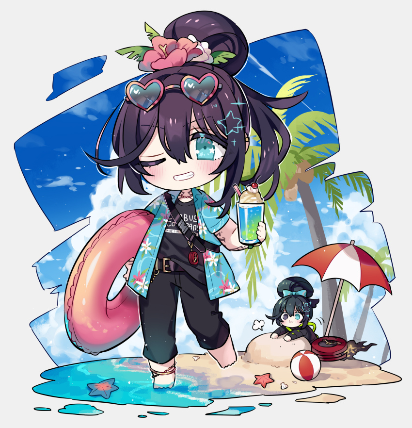 1other 2boys aqua_eyes ball barefoot beach beach_umbrella beachball black_hair black_shirt blue_shirt blush clock commentary_request dante_(limbus_company) dual_persona fire flower folded_ponytail food grin hair_flower hair_ornament heart heart-shaped_eyewear highres hong_lu_(project_moon) ice_cream ice_cream_float innertube k_corp._(identity)_(project_moon) limbus_company long_hair multiple_boys object_head one_eye_closed open_clothes open_shirt palm_tree pink_flower project_moon shiki_(shikki46) shirt smile starfish sunglasses swim_ring tingtang_gang_(identity)_(project_moon) tree umbrella