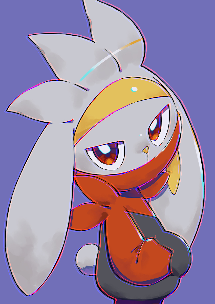 1boy absurdres animal_nose black_fur body_fur chromatic_aberration covered_mouth cowboy_shot from_side furry furry_male gen_8_pokemon grey_fur hand_in_pocket highres looking_at_viewer male_focus minamo_(pixiv17726065) nintendo pokemon pokemon_(creature) purple_background rabbit_boy rabbit_ears rabbit_tail raboot red_eyes red_fur simple_background solo standing