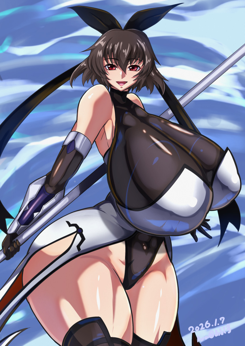 1girl 2026 artist_request ass black_leotard breasts cleavage covered_navel curvy elbow_gloves gigantic_breasts gloves hair_ribbon highleg highleg_leotard highres holding holding_weapon huge_ass leotard looking_at_viewer mature_female mizuki_shiranui red_eyes revealing_clothes ribbon shiny_skin simple_background smile solo taimanin_(series) taimanin_suit taimanin_yukikaze thong_leotard weapon wide_hips