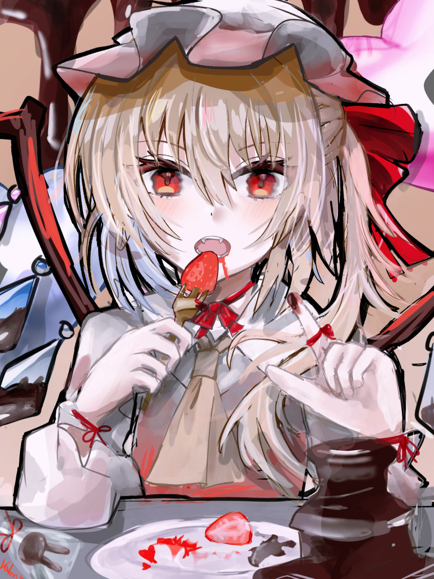1girl ambiguous_red_liquid aoimise3939 ascot blonde_hair bow chocolate chocolate_on_hand choker collared_shirt commentary_request crystal crystal_wings dripping eating fangs flandre_scarlet food food_on_hand fork fruit hair_bow hat heart highres holding holding_fork index_finger_raised light_blush long_sleeves looking_at_viewer mixed-language_commentary one_side_up open_mouth plate puffy_long_sleeves puffy_sleeves red_bow red_eyes red_ribbon red_vest ribbon ribbon_choker shirt solo strawberry strawberry_slice table touhou valentine vest white_hat white_shirt wings wrist_ribbon yellow_ascot
