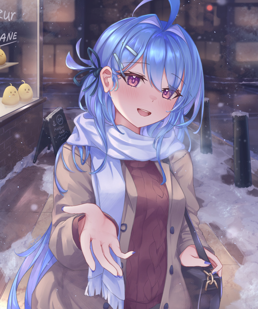 1girl :d alternate_costume azur_lane blue_hair blue_nails blush breasts brown_coat casual coat cold commentary english_commentary hair_between_eyes hair_ornament hair_ribbon hairclip hand_up helena_(azur_lane) highres kyl490 long_hair looking_at_viewer medium_breasts open_clothes open_coat open_mouth outdoors purple_eyes reaching reaching_towards_viewer red_sweater ribbon scarf smile snow solo sweater teeth upper_teeth_only very_long_hair white_scarf winter_clothes