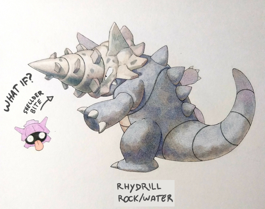 absurdres claws commentary english_commentary english_text fakemon fangs from_behind full_body fusion gen_1_pokemon highres horns kaiju looking_back monster nintendo pokemon pokemon_(creature) rhydon shellder single_horn spines spiral_horn tail tongue tongue_out zzfer_draws