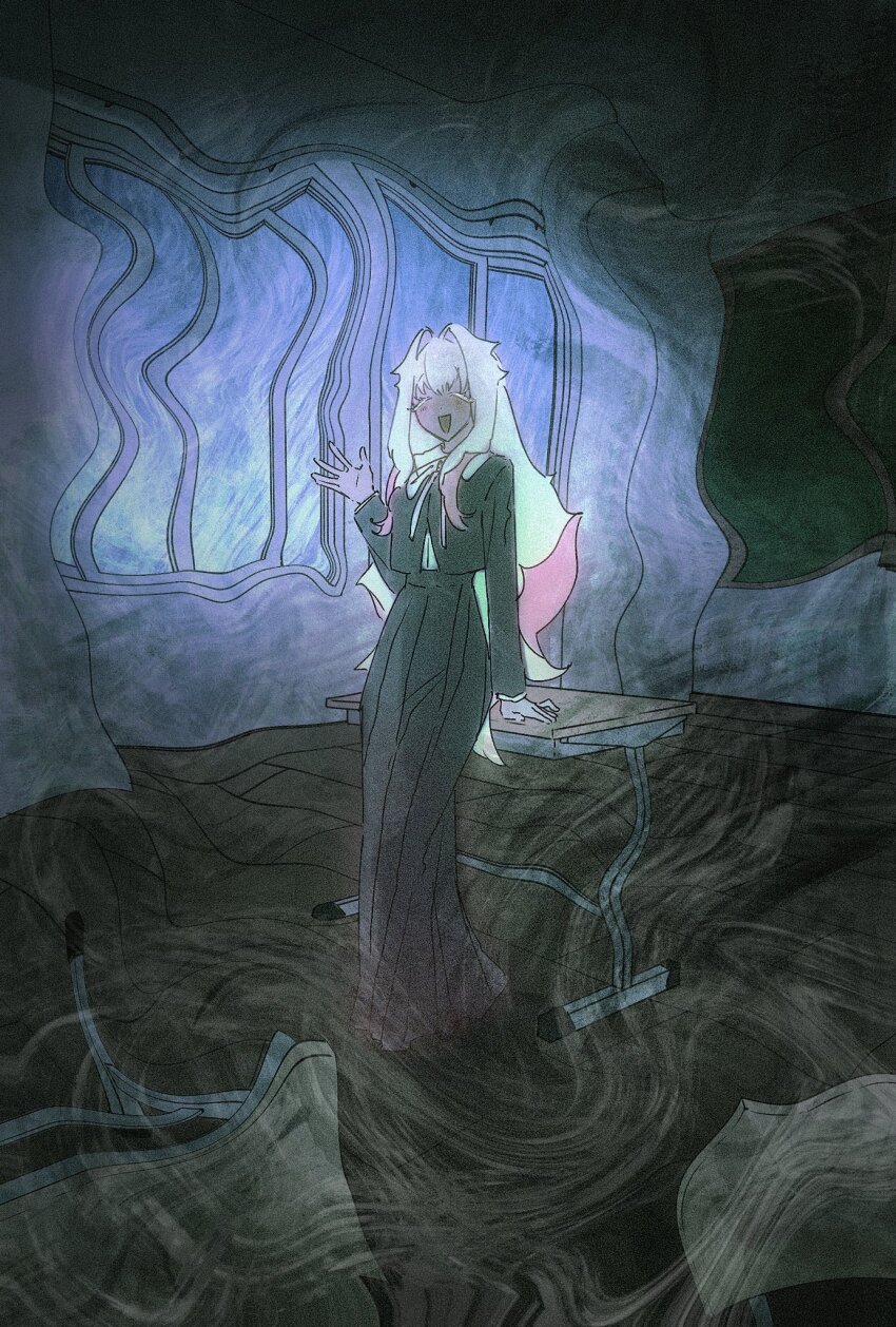 1girl black_shirt black_skirt blush chalkboard classroom closed_eyes commentary desk distortion english_commentary full_body ghost_girl hand_up highres indoors long_hair long_sleeves multicolored_hair open_mouth original pink_hair ribbon school_desk school_uniform shirt skirt solo standing two-tone_hair unholymilk very_long_hair white_hair white_ribbon window wooden_floor