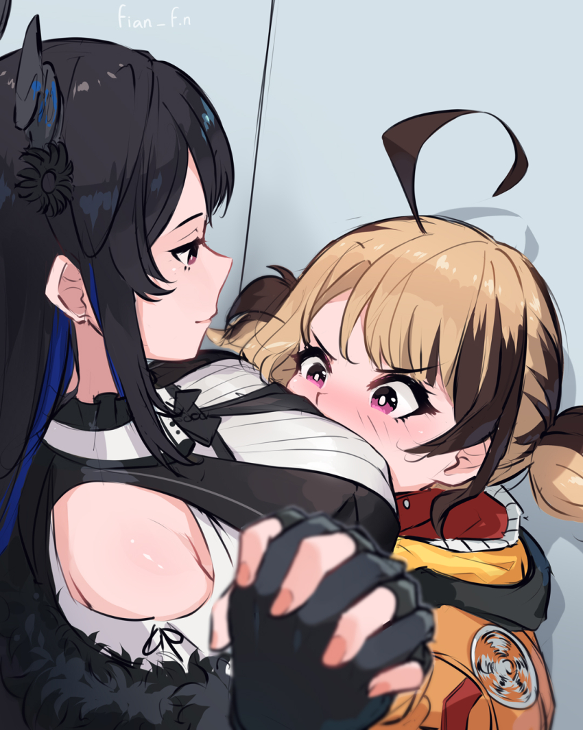 ahoge black_hair blue_hair blush breasts brown_hair colored_inner_hair demon_horns fian_f.n gigi_murin highres hololive hololive_english horns interlocked_fingers large_breasts long_hair multicolored_hair multiple_girls nerissa_ravencroft pink_eyes short_hair twintails two-tone_hair virtual_youtuber yuri