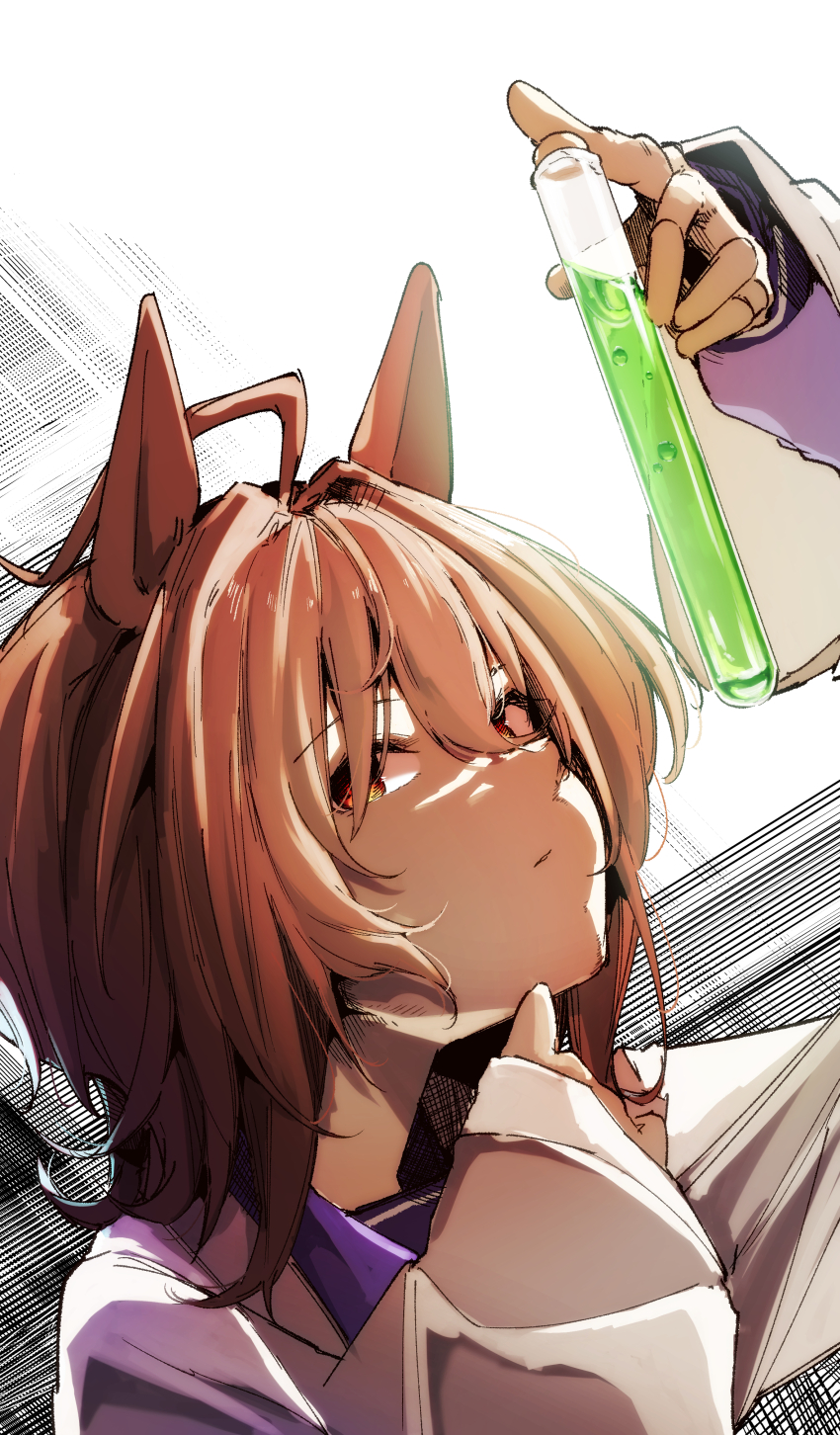 1girl absurdres agnes_tachyon_(umamusume) ahoge animal_ears arm_up brown_hair chemical_structure commentary_request cork gorioshi0802 hair_between_eyes highres holding holding_test_tube horse_ears horse_girl huge_ahoge lab_coat long_sleeves looking_at_viewer medium_hair necktie red_eyes shirt short_necktie sleeves_past_fingers sleeves_past_wrists solo test_tube umamusume wolf_cut