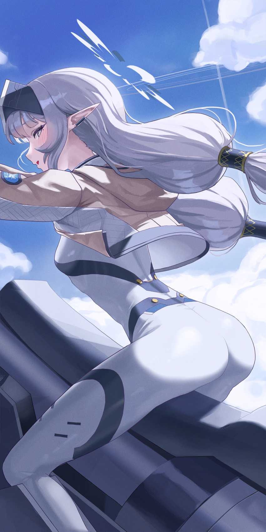 1girl absurdres ass battlesuit blue_archive blue_sky bodysuit breasts cloud day earclip halo head-mounted_display highres himari_(armed)_(blue_archive) himari_(blue_archive) hover_bike hover_vehicle kili_(happy_kili) long_hair looking_at_viewer low-tied_long_hair mole mole_under_eye motor_vehicle motorcycle multicolored_halo on_motorcycle outdoors pointy_ears sky small_breasts solo two-tone_halo white_bodysuit white_halo