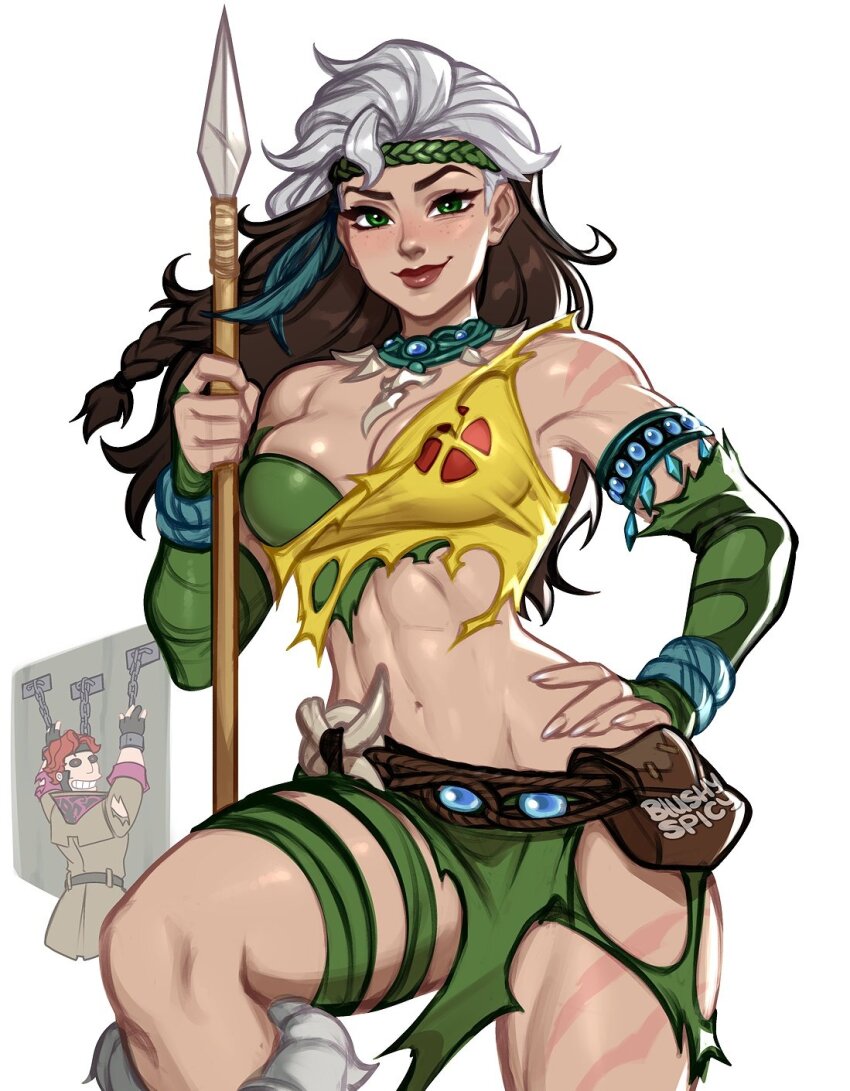 1boy 1girl blushyspicy bone_necklace bra breasts brown_hair colored_bangs commentary cover_sketch english_commentary futurama gambit gloves green_bra green_eyes green_gloves green_headband green_loincloth headband highres jewelry large_breasts looking_at_viewer marvel marvel_rivals meme multicolored_hair necklace official_alternate_costume polearm rogue rogue_(savage_south)_(x-men) rogue_(x-men) scar_on_thighs smile spear tooth_necklace two-tone_hair underwear weapon white_hair x-men