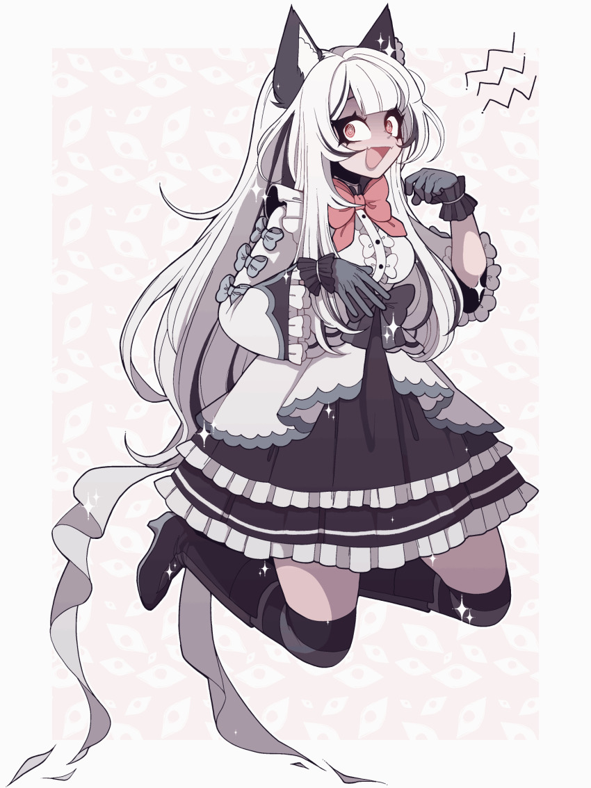 1girl animal_ears animated animated_gif blinking boots bow cat_ears cat_girl commentary commission dreamalgia dress english_commentary eyelashes frilled_dress frills gloves highres lolita_fashion long_hair open_mouth original ribbon skirt solo very_long_hair white_hair