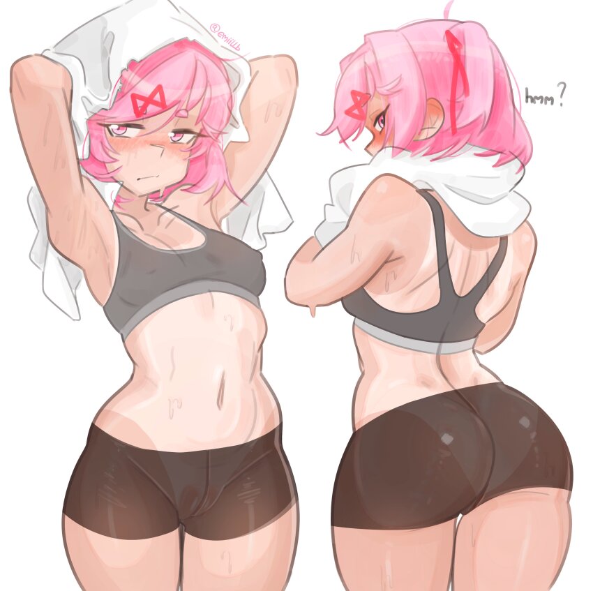 1girl absurdres armpits ass back bare_shoulders blush breasts commentary doki_doki_literature_club emiillb gym_shorts hair_ribbon highres holding holding_towel natsuki_(doki_doki_literature_club) navel pink_eyes pink_hair red_ribbon ribbon shorts small_breasts solo sweat sweatdrop symbol-only_commentary tan tanline towel twitter_username white_background