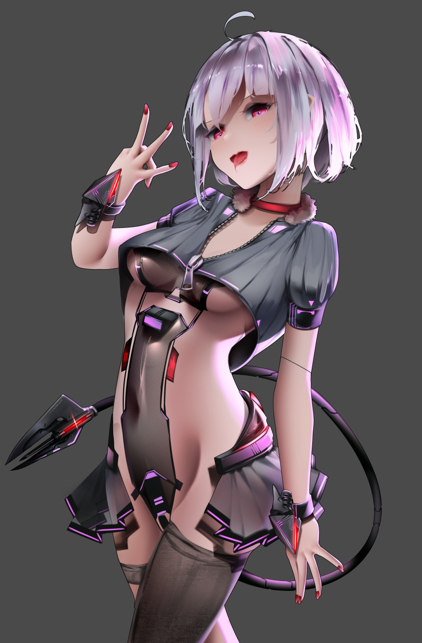 1girl absurdres alternate_costume black_thighhighs blood blood_from_mouth bob_cut breasts choker clothing_cutout collar command_&amp;_conquer command_&amp;_conquer:_red_alert command_&amp;_conquer:_red_alert_2 dart fingernails fur-trimmed_collar fur_trim grey_background groin highres libra_(mental_omega) licking_lips long_fingernails mechanical_tail medium_breasts mental_omega_(mod) minato_minamoto no_bra pale_skin pink_eyes pink_hair red_choker red_nails revealing_clothes skirt_cutout tail thigh_strap thighhighs tongue tongue_out zipper