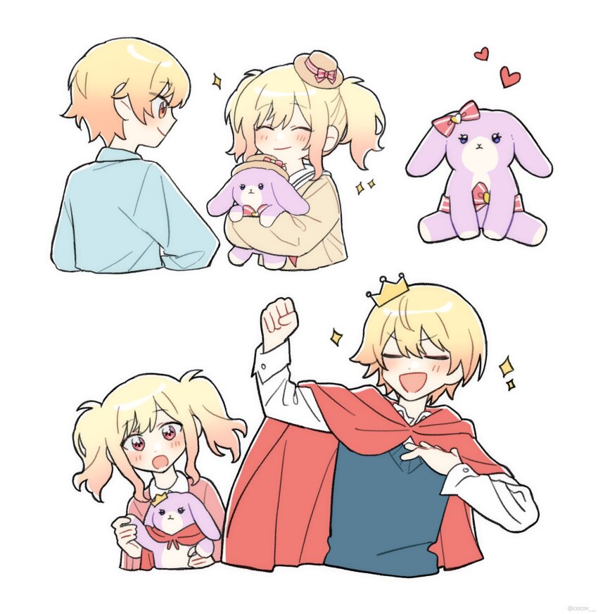 1boy 1girl aged_down arms_up bad_id bad_twitter_id blonde_hair blue_shirt brother_and_sister capelet child clenched_hand closed_eyes closed_mouth cocov crown gradient_hair heart highres holding holding_stuffed_toy hugging_object long_hair looking_at_another mini_crown multicolored_hair open_mouth orange_hair pink_eyes project_sekai red_capelet shirt short_hair siblings sidelocks simple_background sparkle stuffed_animal stuffed_rabbit stuffed_toy tenma_saki tenma_tsukasa twintails twitter_username two-tone_hair upper_body very_long_hair white_background