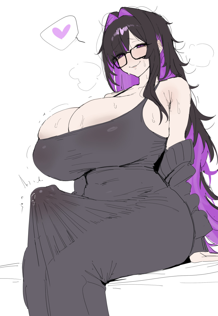 1girl absurdres bare_shoulders black_dress black_hair breasts bulge colored_inner_hair commentary_request dress erection erection_under_clothes futanari glasses goddess_of_victory:_nikke hair_intakes hair_over_one_eye heart highres huge_breasts korean_commentary label_(nikke) long_hair looking_at_viewer multicolored_hair precum precum_through_clothes purple_eyes purple_hair simple_background sitting smile solo spoken_heart sweat white_background xipa