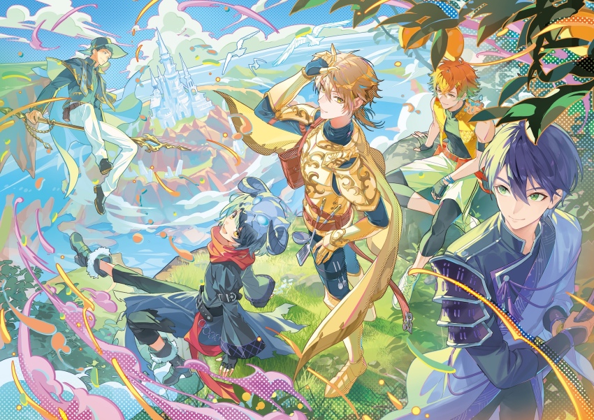5boys animal animal_on_shoulder ankle_boots arm_strap arm_support arm_up armor armored_boots belt belt_pouch ben-day_dots bikkusama bird black_belt black_leggings blonde_hair blue_capelet blue_sky boots bracelet breastplate brown_belt cape capelet closed_mouth cloud coat collared_capelet colored_shoe_soles colored_smoke crossed_bangs fantasy figure_four_sitting fingerless_gloves flying fork fur-trimmed_boots fur_trim fushimi_gaku gauntlets gloves gold_armor gold_trim gradient_hair grass green_eyes green_hair green_hat green_shirt green_shoes grey_boots grey_gloves grey_hair grey_pants hair_between_eyes hair_ornament hand_on_own_head hand_on_own_hip hat high_heel_boots high_heels highres horns japanese_armor jewelry kenmochi_touya kirin-chan_(usami_rito) ladle leggings leggings_under_shorts lightning_bolt lightning_bolt_hair_ornament lightning_bolt_symbol long_bangs long_sleeves looking_at_another looking_at_viewer looking_back looking_to_the_side low_ponytail male_focus mashiro_meme mole mole_under_eye multicolored_hair multiple_belts multiple_boys nijisanji official_alternate_costume official_art orange_eyes orange_hair ornate_armor outdoors palace pants pauldrons plant plate_armor ponytail pouch purple_hair red_belt red_scarf scarf screentones second-party_source shirt shoes short_hair shorts shoulder_armor sitting skull_on_head sky smile smoke sode spatula spoon standing torn_clothes torn_coat usami_rito variant_set very_short_hair vest virtual_youtuber white_bird white_coat white_pants white_shoes white_shorts wide_brim wide_sleeves yashiro_kizuku yellow_cape yellow_eyes yellow_vest