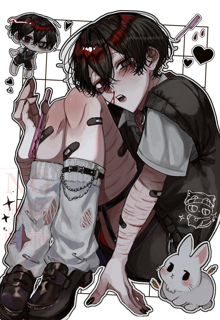 1boy @_@ aegyo_sal bandaid bandaid_on_arm bandaid_on_leg black_eyes black_hair black_nails black_vest blood chibi chibi_inset commentary_request crossed_bangs double-parted_bangs eyebrow_razor fang full_body hair_between_eyes head_tilt highres hosikage4040 knees_up leg_belt legs_together looking_at_viewer male_focus nosebleed open_mouth original rabbit razor scar scar_on_arm self-harm shirt short_hair socks solo t-shirt vest white_shirt white_socks wrist_cutting