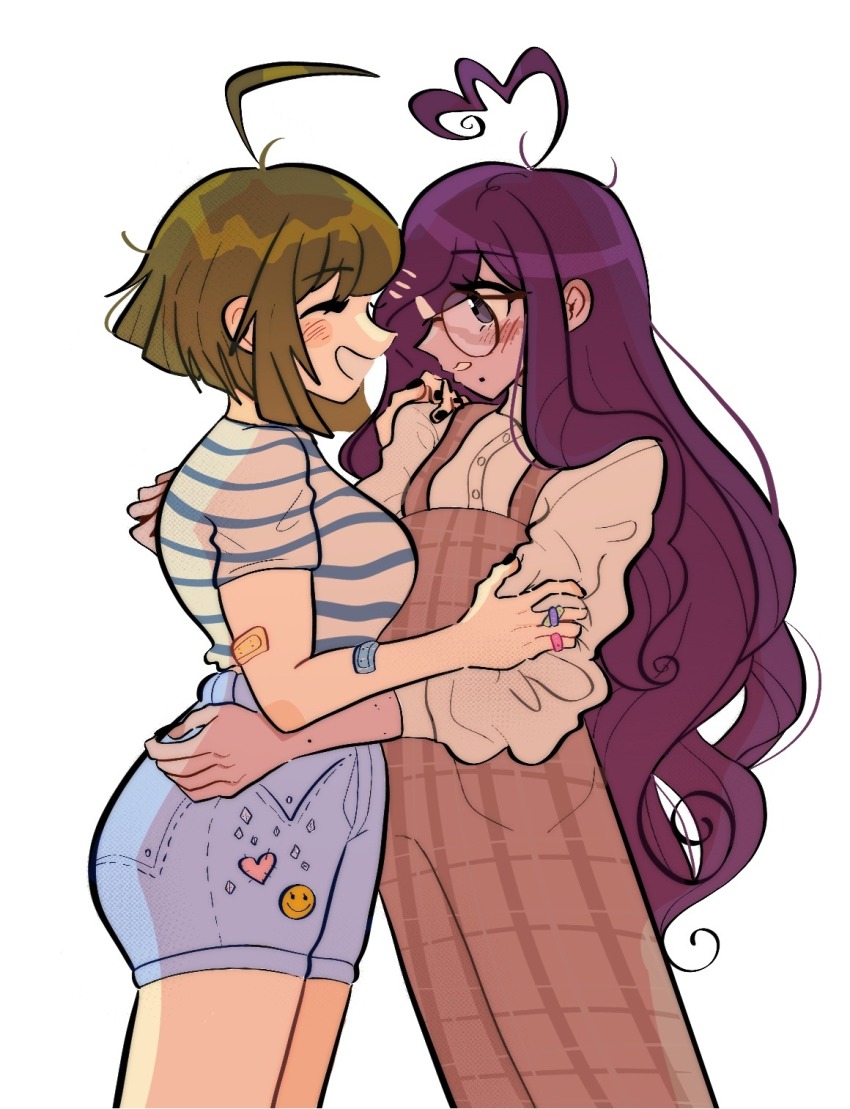 2girls ahoge alternate_costume bandaid bandaid_on_arm black_nails blue_shorts blush blush_stickers breasts closed_eyes commentary curly_hair curvy danganronpa_(series) danganronpa_another_episode:_ultra_despair_girls denim denim_shorts english_commentary eyelashes fingernails fukawa_toko glasses green_hair hand_on_another&#039;s_arm hand_on_another&#039;s_back hand_on_another&#039;s_hip highres holding_hands jewelry long_hair long_sleeves mole mole_on_arm mole_under_mouth multiple_girls multiple_rings naegi_komaru nail_polish overalls pink_overalls plaid_clothes plaid_overalls pngvl purple_eyes purple_hair ring round_eyewear shirt short_hair short_sleeves shorts simple_background smile striped_clothes striped_shirt two-tone_shirt white_background white_shirt yuri