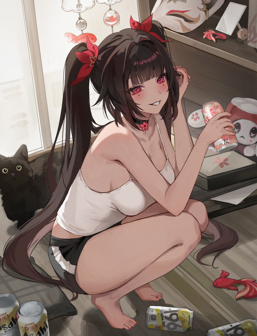 1girl alternate_costume animal bare_arms bare_shoulders barefoot bell black_cat black_hair black_shorts breasts can cat commentary drink_can feet fox_mask full_body highres holding holding_can honkai:_star_rail honkai_(series) indoors long_hair looking_at_viewer mask red_eyes shirt shorts sleeveless smile solo sparkle sparkle_(honkai:_star_rail) squatting tank_top twintails white_shirt zije