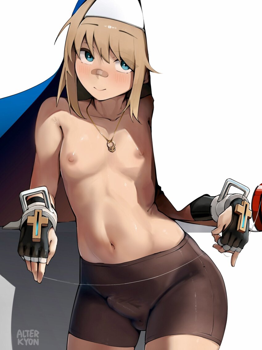 1boy alterkyon androgynous blonde_hair blue_eyes bridget_(guilty_gear) bulge cross fingerless_gloves gloves guilty_gear highres jewelry long_hair male_focus navel necklace nipples nun patch shorts skindentation small_penis standing topless_male trap white_background