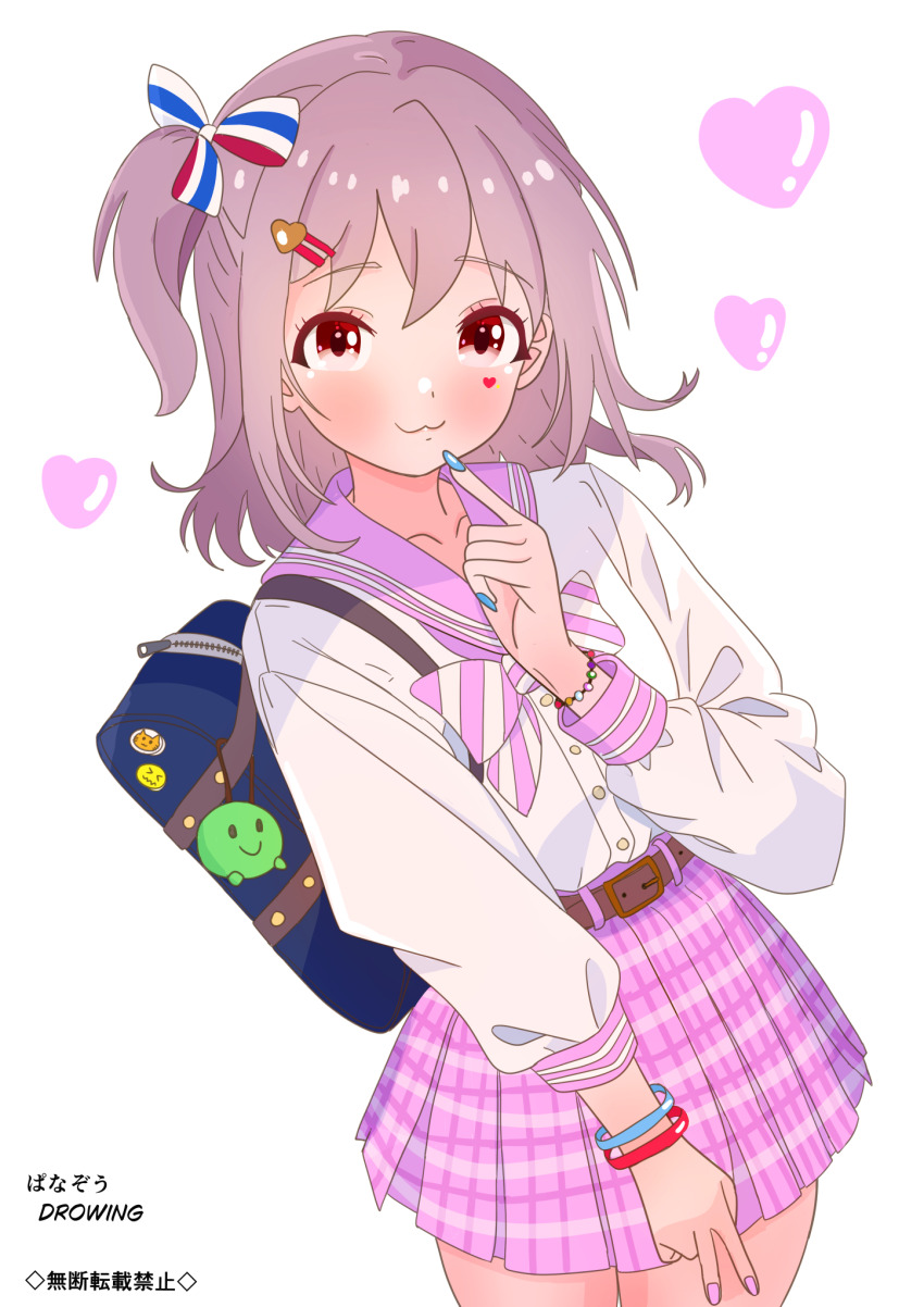 1boy :3 alternate_costume bag bead_bracelet beads belt blue_nails blush bow bowtie bracelet brown_belt brown_eyes commentary cowboy_shot crossdressing crossdressing_(mtf) diagonal-striped_bow diagonal-striped_bowtie diagonal-striped_clothes facial_mark finger_to_mouth grey_hair gyaru hair_ornament hairclip heart heart_facial_mark heart_hair_ornament highres jewelry long_hair long_sleeves looking_at_viewer male_focus mark_under_eye nail_polish one_side_up onii-chan_wa_oshimai! pa_panahana pink_sailor_collar pink_skirt plaid_clothes plaid_skirt pleated_skirt sailor_collar sailor_shirt school_bag senkawa_minato shirt simple_background skirt smile solo striped_bow striped_bowtie striped_clothes trap v white_background white_shirt