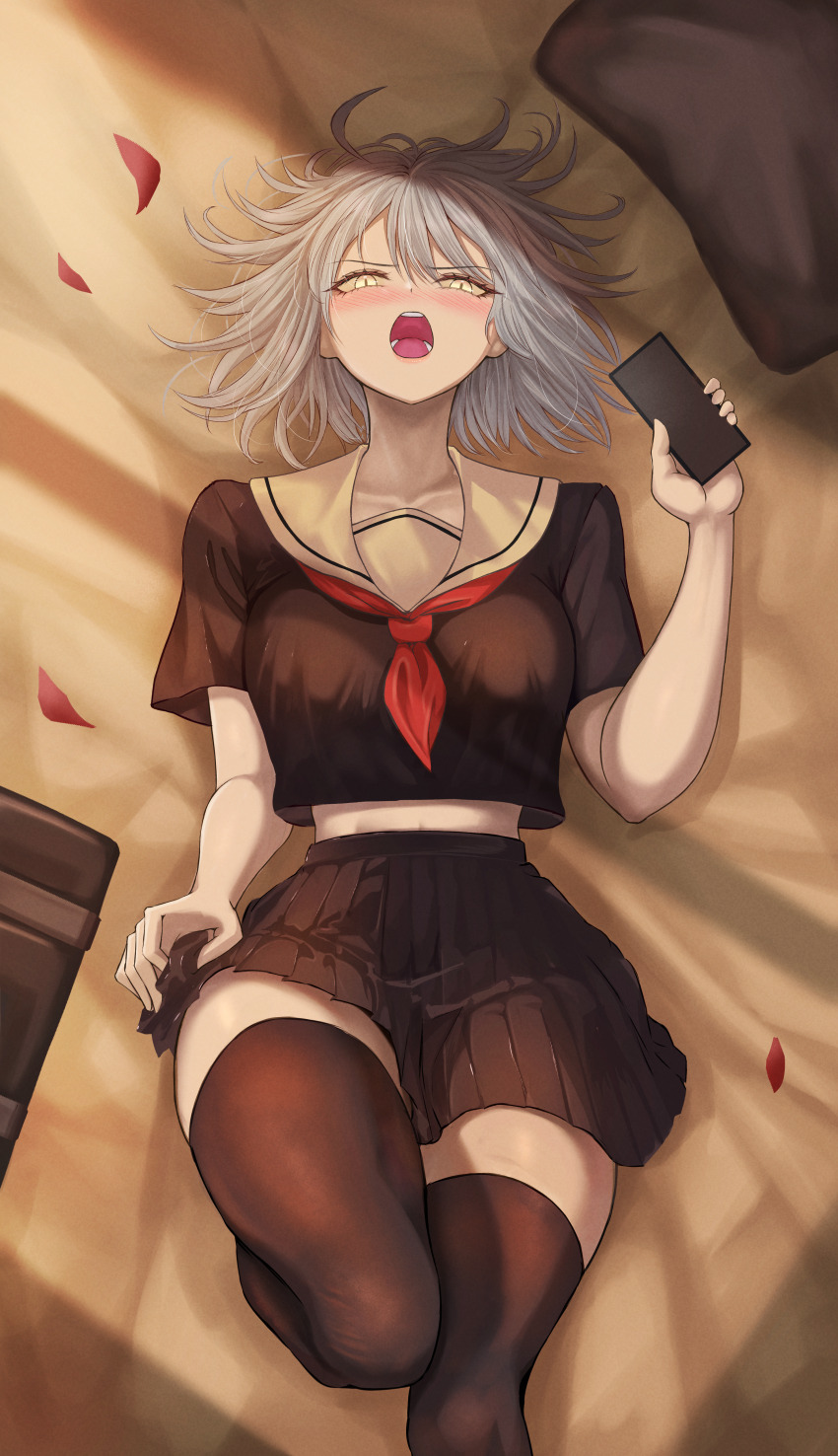 1girl absurdres bag bed_sheet black_shirt black_skirt black_thighhighs blush breasts cellphone commentary_request fate/grand_order fate_(series) from_above grey_hair highres holding holding_phone jeanne_d'arc_alter_(fate) knee_up looking_at_viewer lying medium_breasts midriff_peek miniskirt on_back on_bed open_mouth penguintake phone pillow pleated_skirt sailor_collar school_bag school_uniform serafuku shirt short_hair short_sleeves skirt smartphone solo thighhighs white_sailor_collar window_shadow yellow_eyes zettai_ryouiki