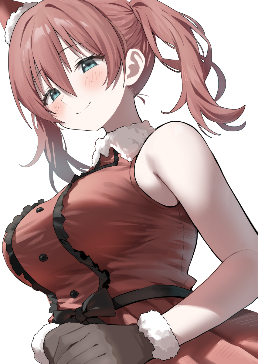 1girl absurdres aqua_eyes bare_shoulders blush breasts brown_hair center_frills closed_mouth commentary_request emma_verde freckles frills fur-trimmed_collar fur-trimmed_gloves fur_trim gloves hair_between_eyes highres large_breasts long_hair looking_at_viewer love_live! love_live!_nijigasaki_high_school_idol_club red_shirt shirt simple_background sleeveless sleeveless_shirt smile solo twintails upper_body white_background yuu_(shampoohatslime)