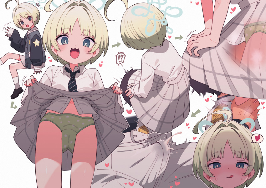 !? 1boy 1girl ahoge blonde_hair blue_archive bulge cum cum_in_clothes cum_on_clothes cum_stain cum_through_clothes cumdrip cunnilingus cunnilingus_through_clothes ejaculation_under_clothes erection erection_under_clothes halo heart hetero highres loli naughty_face necktie oral panties penis_under_another's_clothes ritsu_(blue_archive) robo_mikan sensei_(blue_archive) shirt short_hair skirt spoken_heart stained_clothes underwear wet wet_clothes