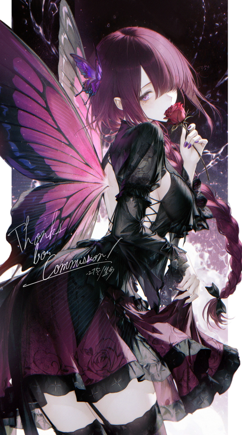 1girl absurdres back_cutout black_bow black_dress black_garter_straps bow braid braided_ponytail breasts bug butterfly butterfly_wings clothing_cutout commentary commission cowboy_shot cross-laced_clothes cross-laced_dress dress english_commentary flower garter_straps goth_fashion hair_bow hair_over_one_eye highres holding holding_flower insect insect_wings lace lace-trimmed_thighhighs lace_trim long_hair looking_at_viewer looking_back medium_breasts mole mole_under_eye one_eye_covered original purple_butterfly purple_dress purple_hair purple_nails red_flower red_rose renoahh rose short_dress sideboob signature skeb_commission skirt_hold solo thighhighs two-tone_dress wings zettai_ryouiki