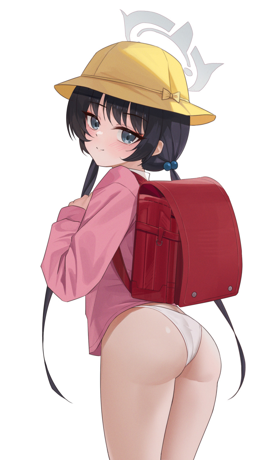 1girl absurdres ass backpack bag black_hair blue_archive blush closed_mouth from_behind grey_eyes hair_ornament halo hat highres kindergarten_uniform kisaki_(blue_archive) kisaki_(kindergarten_uniform)_(blue_archive) loli long_hair long_sleeves looking_at_viewer looking_back manjie no_pants panties pink_shirt randoseru red_bag school_hat shirt simple_background smile solo thighs twintails underwear white_background white_panties