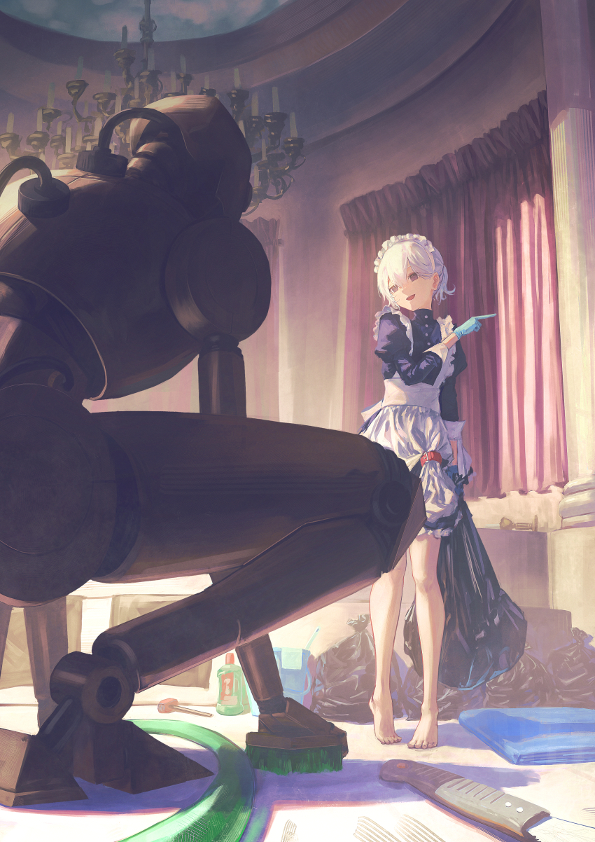 1girl absurdres apron aqua_gloves bare_legs barefoot black_dress commentary dress frills gloves highres indoors juliet_sleeves long_dress long_hair long_sleeves maid maid_apron maid_headdress original pointing ponytail puffy_sleeves robot tokaki white_hair