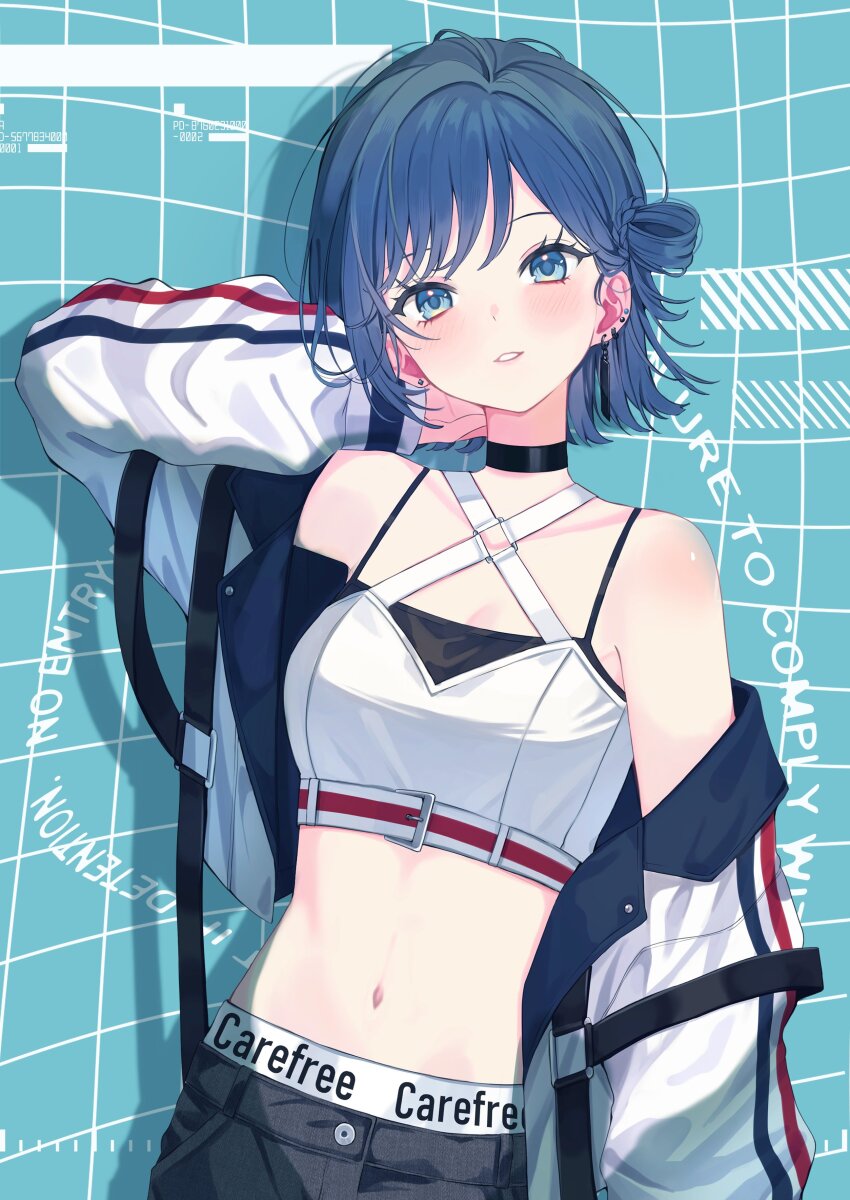 1girl absurdres bare_shoulders black_tank_top blue_eyes blue_hair commentary crop_top cropped_shirt ear_piercing halterneck highres jacket long_sleeves navel nekotora_(nekotora0116) off_shoulder original parted_lips piercing shirt short_hair sleeveless sleeveless_shirt solo spaghetti_strap symbol-only_commentary tank_top white_jacket white_shirt