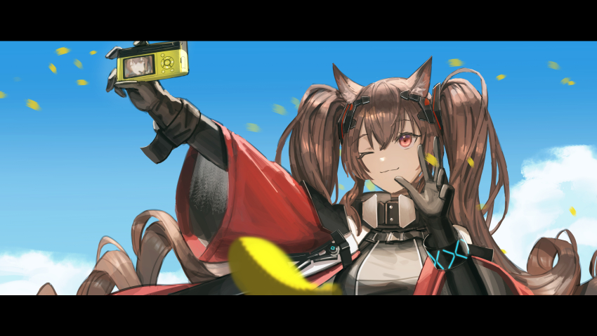 1girl :3 absurdres angelina_(arknights) animal_ear_fluff animal_ears arknights arknights:_endfield belt black_gloves blue_sky bracelet breasts brown_hair buckle camera cloud coat commentary_request day digital_camera dress elbow_gloves fox_ears fox_girl gilberta_(arknights) gloves grey_dress hand_up haro_(har_illust) headpiece high_belt high_collar highres holding holding_camera infection_monitor_(arknights) jewelry large_breasts leaf letterboxed long_hair long_sidelocks long_sleeves no_nose one_eye_closed open_clothes open_coat outdoors red_coat red_eyes selfie sidelocks sky snap-fit_buckle solo twintails upper_body very_long_hair w wide_sleeves
