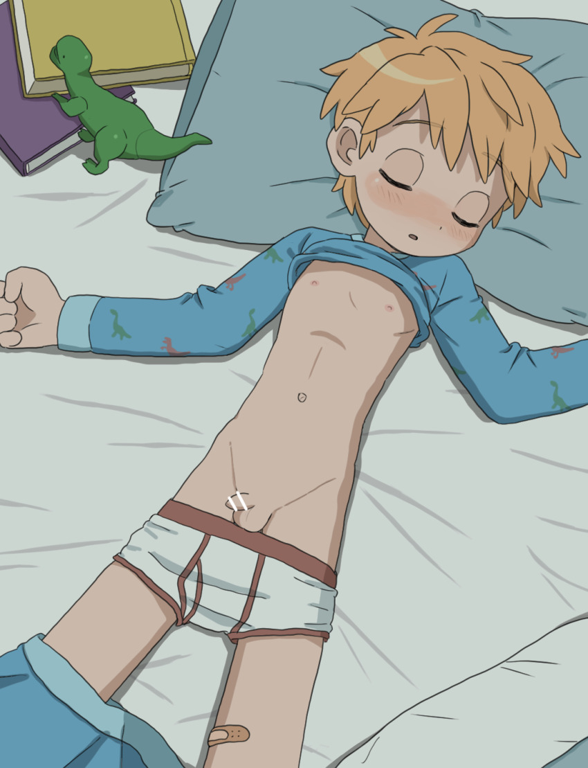 1boy aomuke bar_censor blonde_hair briefs censored closed_eyes highres lying male_focus male_underwear navel nipples on_back original pajamas penis short_hair shota sleeping solo testicles underwear