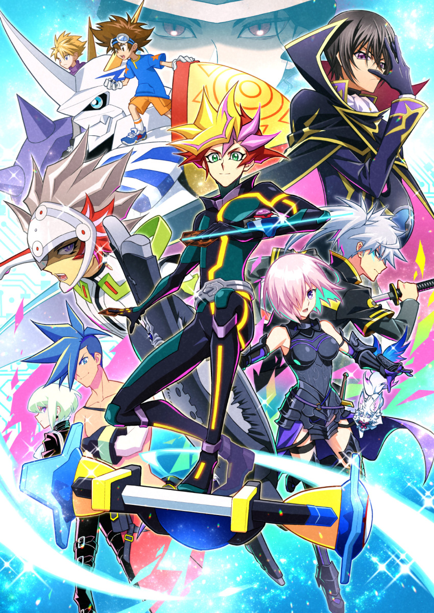 1girl 6+boys armor beatmania_iidx bemani black_armor black_bodysuit black_boots black_gloves black_pants blonde_hair blue_background blue_hair blue_shirt bodysuit boots brown_hair cape closed_mouth code_geass commentary_request creature crossover digimon digimon_(creature) digimon_adventure everyone fate/grand_order fate_(series) fou_(fate) fujiki_yusaku galo_thymos gloves green_eyes grey_hair hair_over_one_eye highres ishida_yamato kibutsuji_muzan kimetsu_no_yaiba kogami_ryoken lelouch_vi_britannia lio_fotia looking_at_viewer lord_camelot_(fate) mash_kyrielight mash_kyrielight_(demi-servant) mazaki_kei mecha multicolored_hair multiple_boys multiple_crossover omegamon orange_shorts pants playmaker_(yu-gi-oh!) popped_collar promare purple_eyes purple_hair red_eyes red_hair revolver_(yu-gi-oh!) robot shield shilow shirt shoes short_hair shorts smile sneakers spiked_hair thigh_boots thighhighs white_hair yagami_taichi yu-gi-oh! yu-gi-oh!_vrains