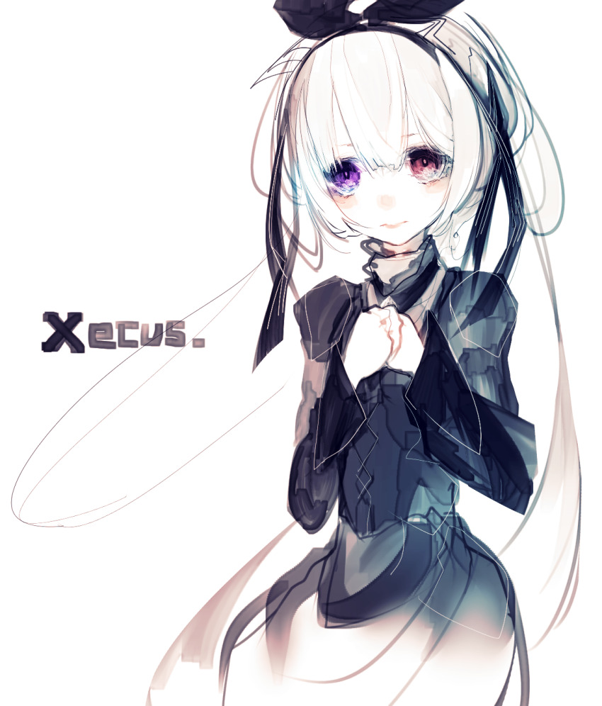 1girl black_dress black_ribbon bow closed_mouth collar commentary_request dress english_text frilled_collar frills gradient_eyes hair_between_eyes hair_ribbon heterochromia highres long_hair long_sleeves looking_at_viewer multicolored_eyes original own_hands_together portrait purple_eyes red_eyes ribbon riuichi simple_background sleeves_past_wrists smile solo straight-on white_background white_hair