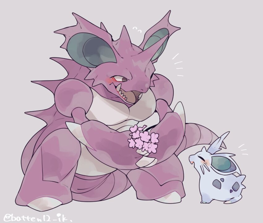 artist_name blue_skin blush closed_eyes colored_skin flower gen_1_pokemon grey_background holding holding_flower looking_at_another mamebato nidoking nidoran nidoran_(female) nintendo open_mouth pink_flower pokemon pokemon_(creature) purple_skin simple_background tail