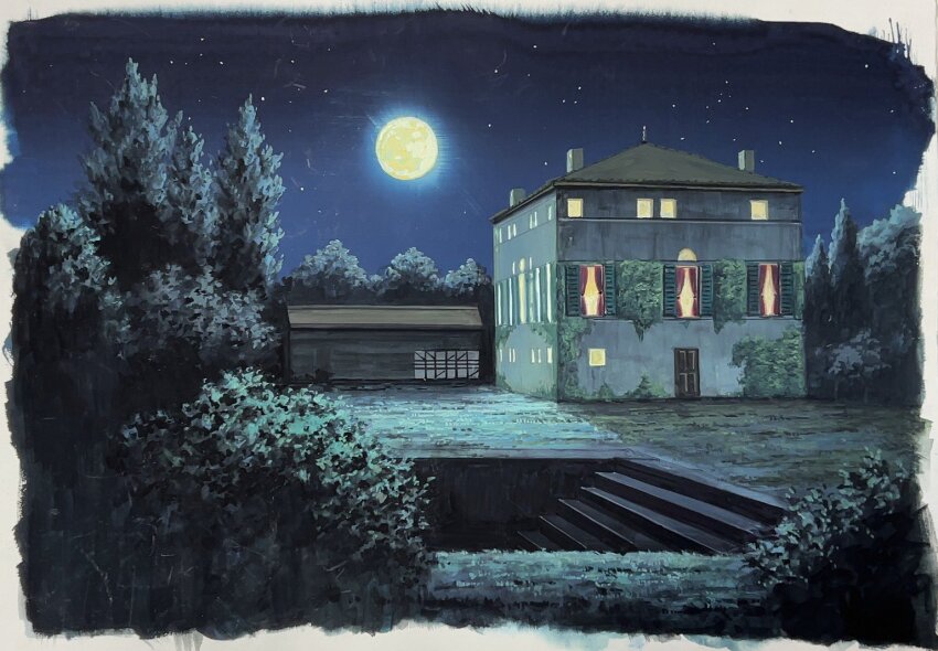 atsumori177 building bush commentary_request full_moon house moon moonlight moss no_humans original painting_(medium) scenery shadow sky stairs star_(sky) starry_sky traditional_media tree