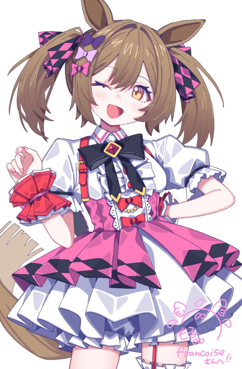 1girl animal_ears argyle_bow black_bow blush bow breasts brown_eyes brown_hair center_frills frills garter_straps hair_between_eyes hair_bow hair_ornament highres horse_ears horse_girl horse_tail long_hair looking_at_viewer medium_hair morumoru_x multiple_hair_bows one_eye_closed open_mouth pink_bow pink_skirt puffy_short_sleeves puffy_sleeves purple_bow shirt short_sleeves simple_background skirt smart_falcon_(love_4ever)_(umamusume) smart_falcon_(umamusume) smile solo suspender_skirt suspenders tail twintails umamusume white_background white_shirt white_skirt wrist_cuffs