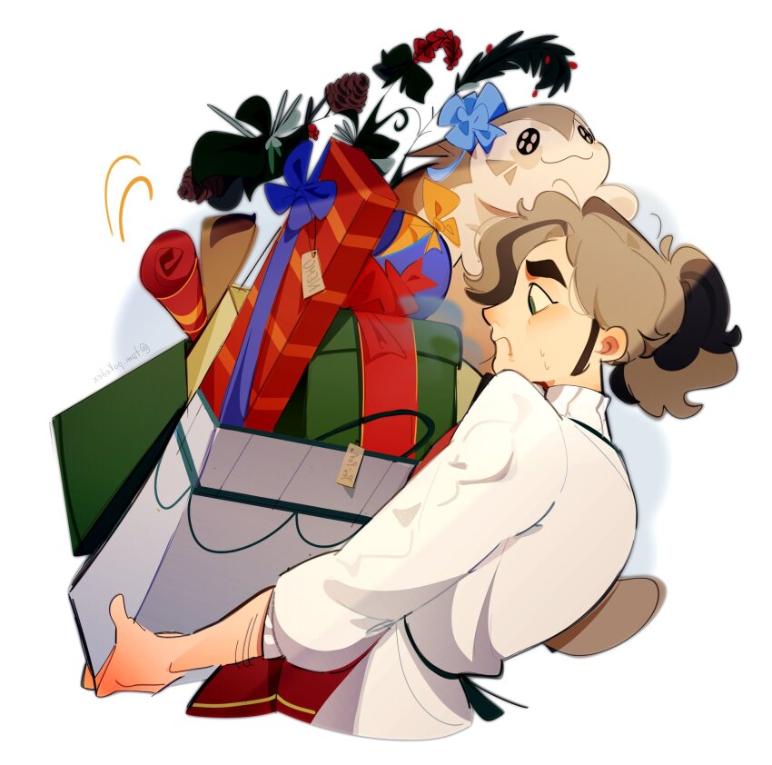 1boy apron arven_(holiday_2025)_(pokemon) arven_(pokemon) box brown_hair carrying flower furret gen_2_pokemon gift gift_box highres male_focus nintendo official_alternate_costume pinecone pokemon pokemon_masters_ex red_apron solo stuffed_toy sweat sweater tamii_(tampokedex) too_many_gifts turtleneck turtleneck_sweater twitter_username white_sweater
