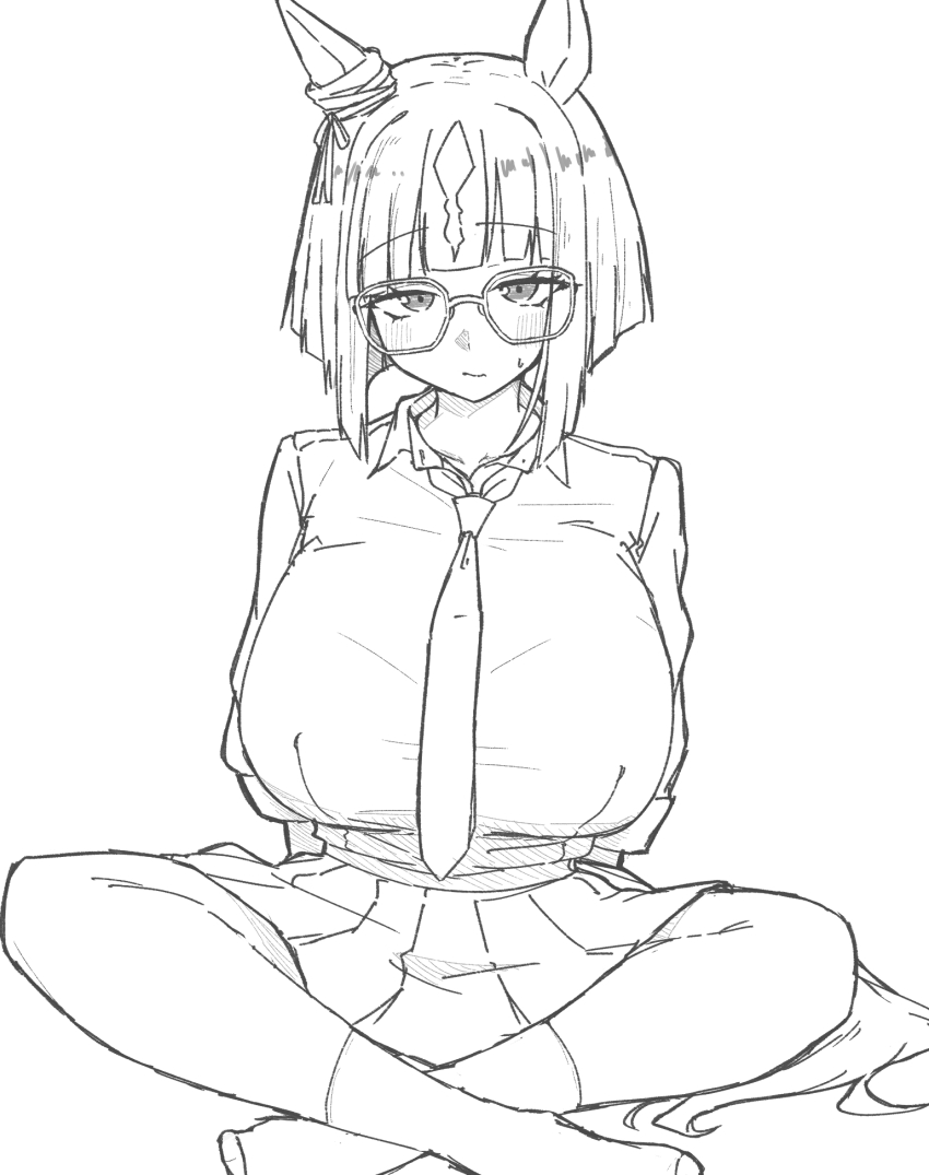 1girl alternate_breast_size_(larger) animal_ears blunt_bangs blush bow breasts closed_mouth collarbone crossed_legs ear_ornament ear_ribbon glasses highres horse_ears horse_girl horse_tail large_breasts light_smile long_sleeves looking_at_viewer monochrome multicolored_hair necktie pleated_skirt red-framed_eyewear roots_(hair) school_uniform shirt short_hair simple_background sitting skirt smile socks solo tail takapachi.jp transcend_(umamusume) umamusume white_background
