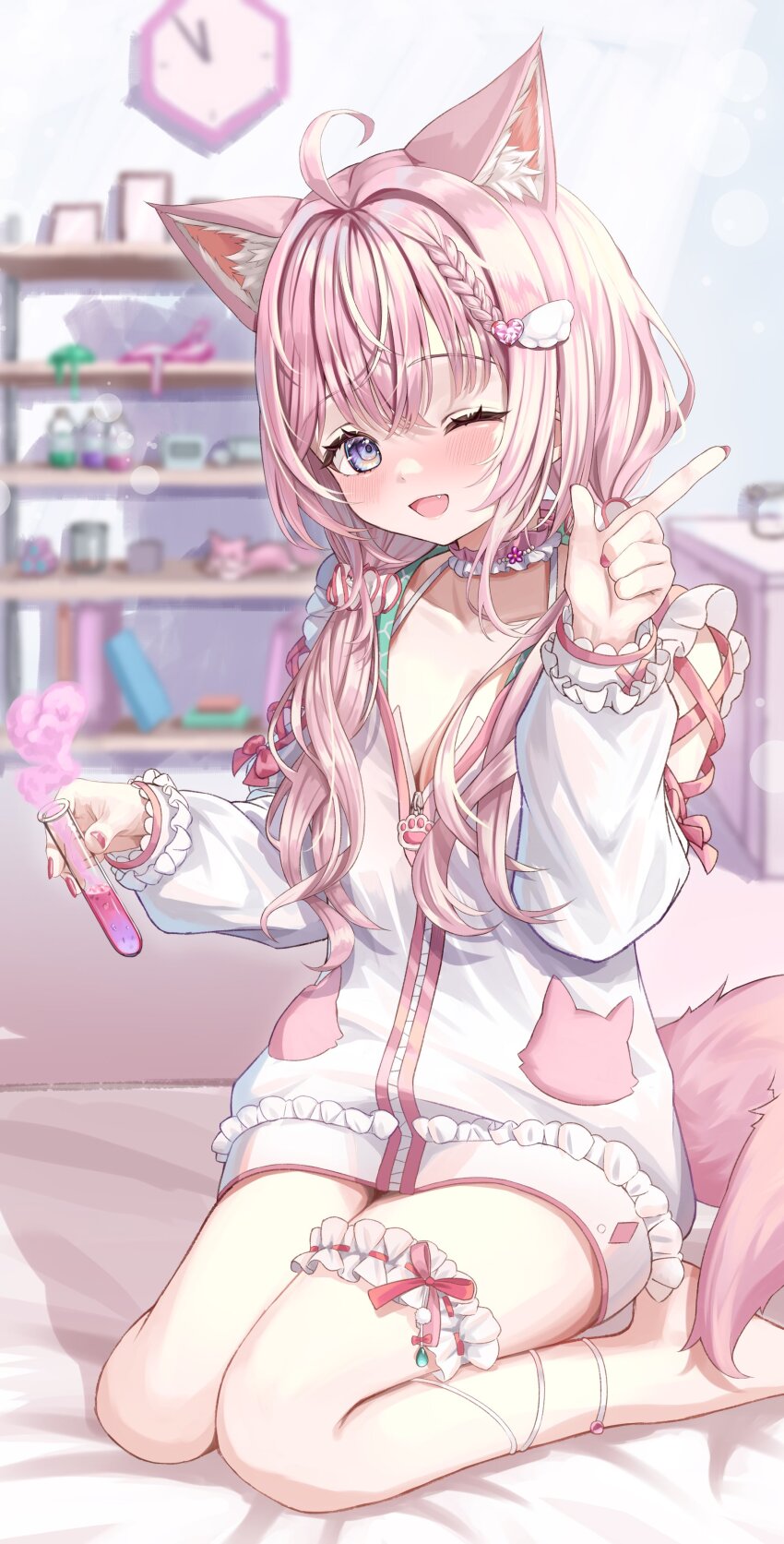 1girl absurdres animal_ear_fluff animal_ears antenna_hair blush clock commentary_request hakui_koyori hakui_koyori_(summer) highres hololive hood hoodie long_hair low_twintails nail_polish official_alternate_costume one_eye_closed open_mouth pink_hair pink_nails purple_eyes sigma_1221 smile socks solo tail twintails virtual_youtuber white_hoodie white_socks wolf_ears wolf_girl wolf_tail