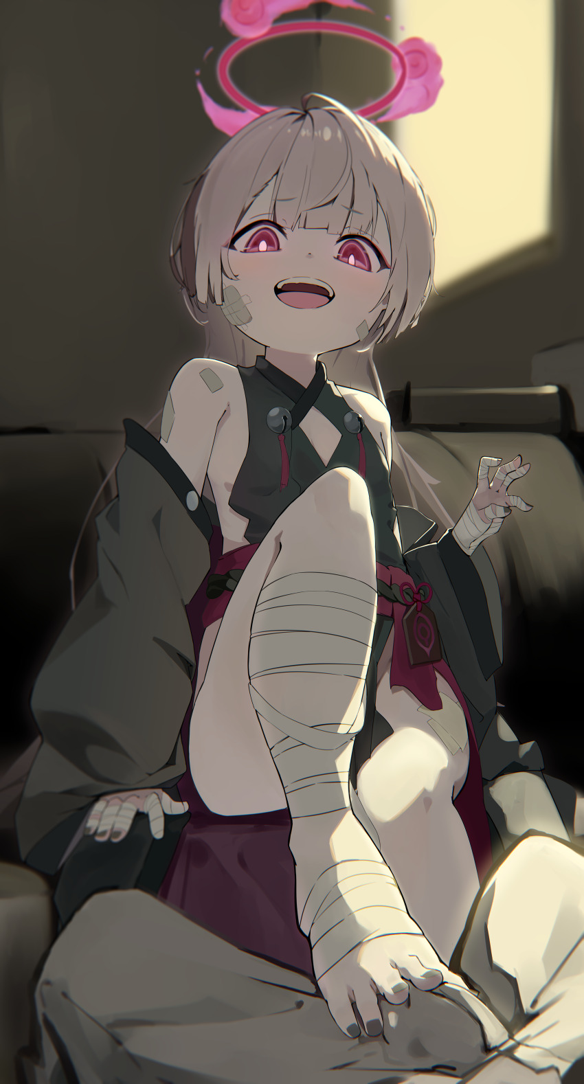 1girl absurdres bandages barefoot blue_archive bulge erection erection_under_clothes feet grey_hair highres long_hair looking_at_viewer mi_kan_(1101515378) open_mouth red_eyes shuro_(blue_archive) toes