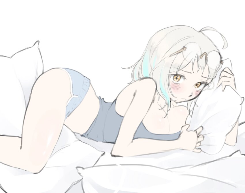 ahoge ass between_thighs blair_labri blair_labri_(artist) blush breasts glasses green_hair hugging_object indie_virtual_youtuber looking_at_viewer lying on_stomach pillow pillow_hug virtual_youtuber white_hair yellow_eyes