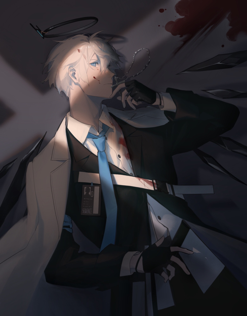 1boy arknights bishounen black_gloves black_jacket blood blood_on_clothes blood_on_face blood_splatter blue_eyes blue_necktie collared_shirt commentary_request cross detached_wings executor_(arknights) fingerless_gloves formal_clothes gloves hair_between_eyes halo highres id_card jacket jewelry long_sleeves looking_at_viewer lying male_focus mechanical_halo necklace necktie on_back shadow shikiri shirt short_hair solo suit upper_body white_hair white_jacket white_shirt wings